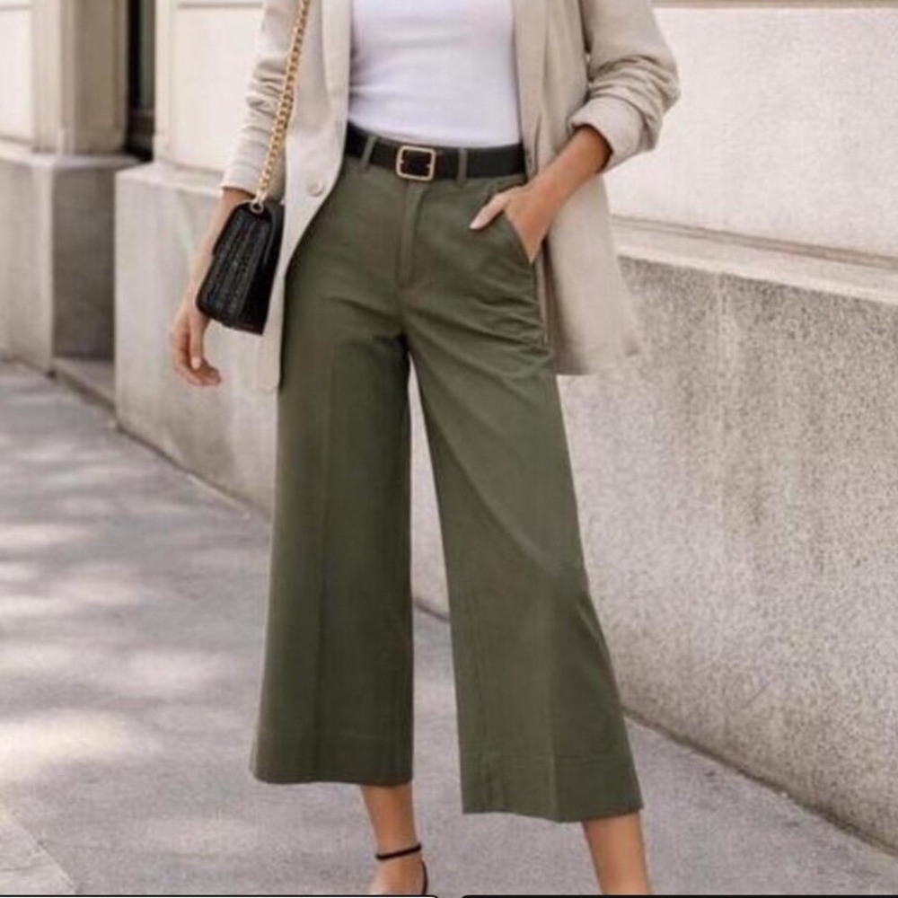 Spanx Stretch Twill Cropped Wide Leg Pant 2.0 Dark Pine Green Womens Med 21418R